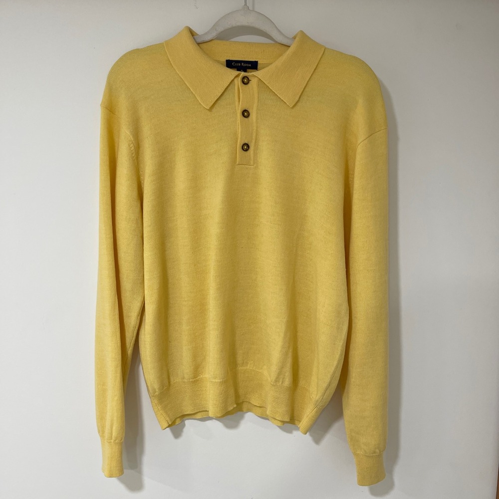 Club Room Merino Wool Polo Sweater Mens Medium Yellow Long Sleeve | Old Money
